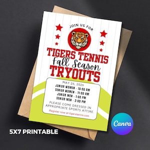 Tennis Team Tryout Invitation Canva Template Editable Sport Tryout Flyer Tennis Coach Team Forms Middle School High School Tennis Poster