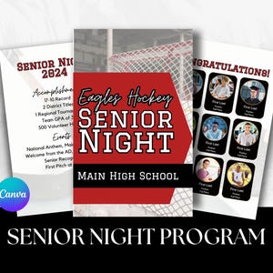 May include: A red and white program for a senior night hockey game. The program includes the team's accomplishments, events, and a photo collage of the senior players. The text on the program reads "Eagles Hockey Senior Night Main High School".