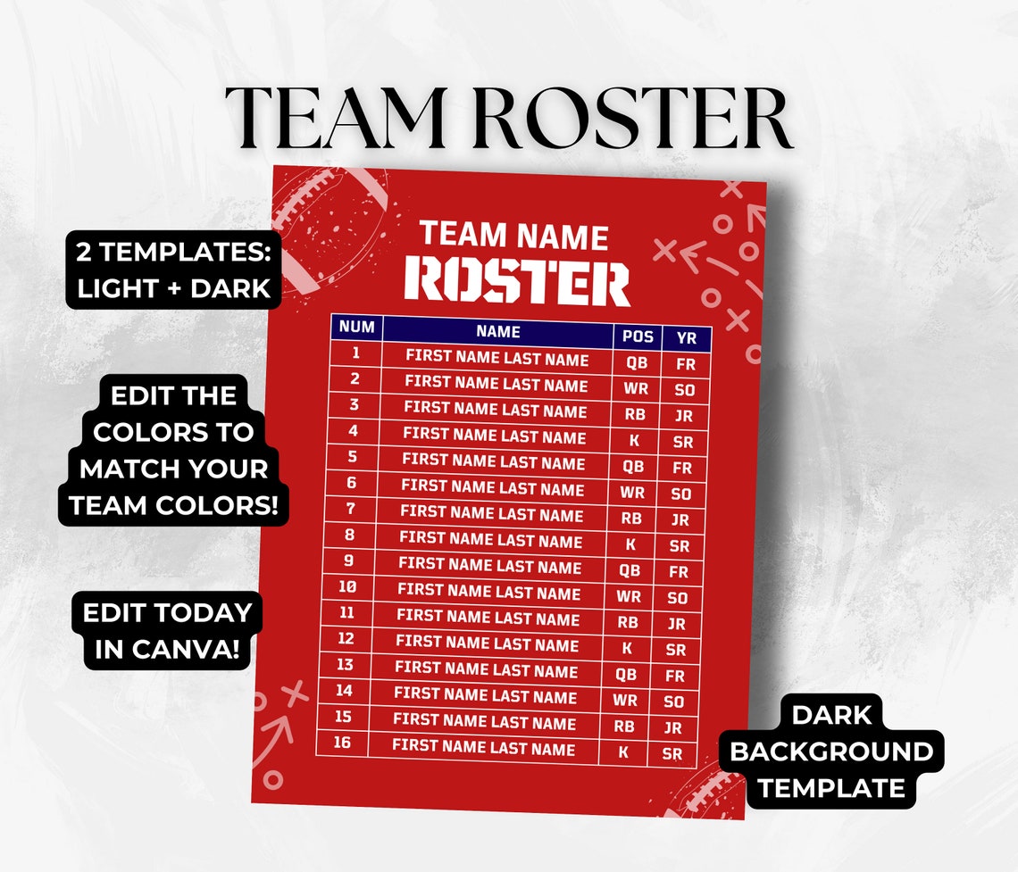 Editable Football Team Roster Canva Template Football Team Player Editable Football Team Roster Canva Template Football Team Player
