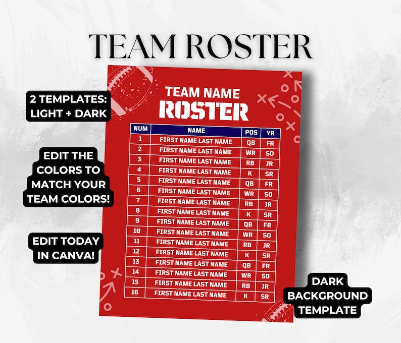 Editable Football Team Roster Canva Template Football Team Player Editable Football Team Roster Canva Template Football Team Player