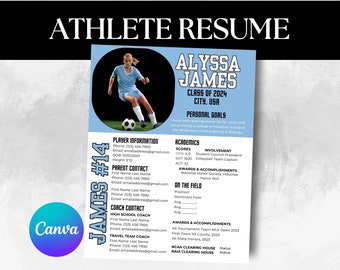 May include: A blue and white athlete resume template with a photo of a female soccer player. The resume includes information about the athlete's personal goals, academics, involvement, awards and accomplishments, and on the field statistics. The resume also includes contact information for the athlete, parents, coach, and travel team coach.