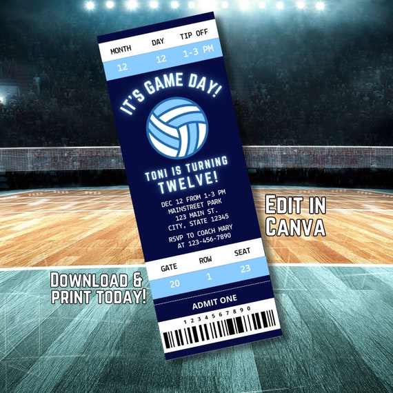 Volleyball ticket invitation template volleyball birthday party instant download girls boys invite team party sports ticket end of season