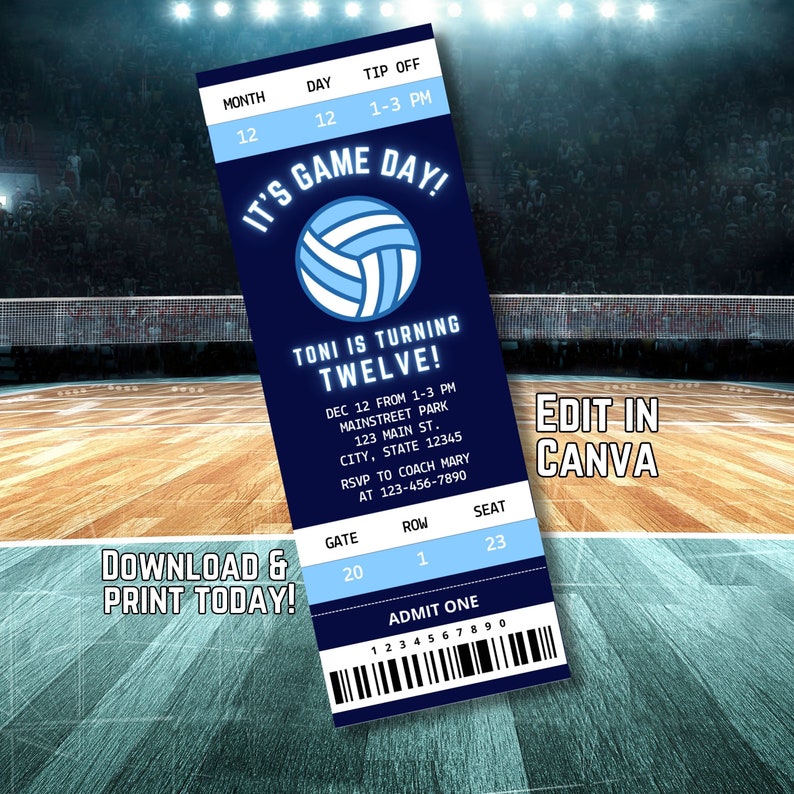 Volleyball ticket birthday party invitation template download