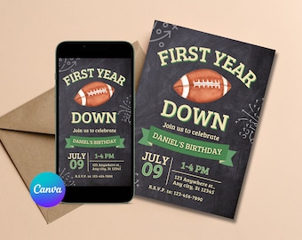 First year down football party printable invitation and phone invite first birthday party first year down boys birthday party football theme