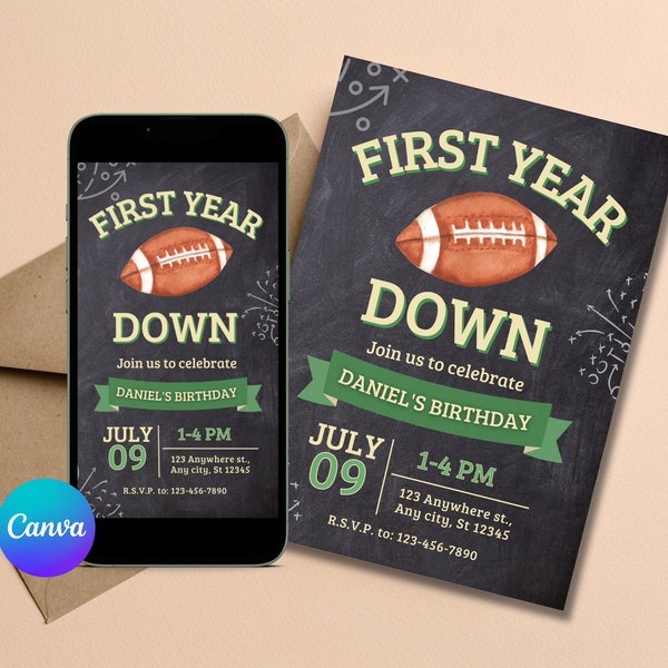 First year down football party printable invitation and phone invite first birthday party first year down boys birthday party football theme