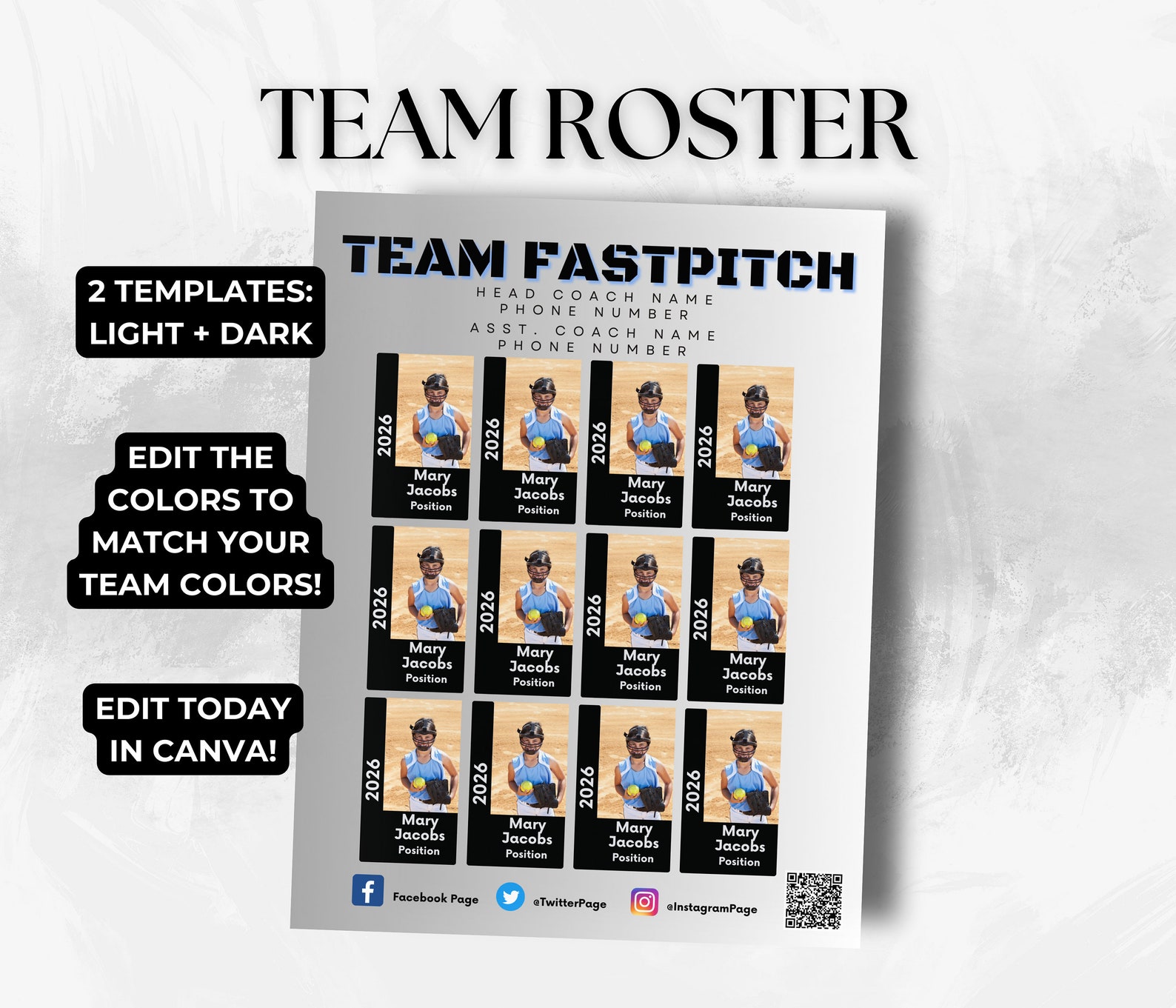 Editable Softball Team Roster Canva Template Football Team Player ...
