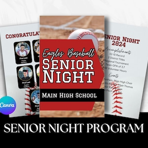 Peut inclure: Un programme de soirée de fin d'année sur le thème du baseball, rouge et blanc. Le programme comprend un graphique de baseball, le texte "Eagles Baseball Senior Night" et le nom de l'école "Main High School". Le programme comprend également une liste des réalisations et des événements de la soirée.