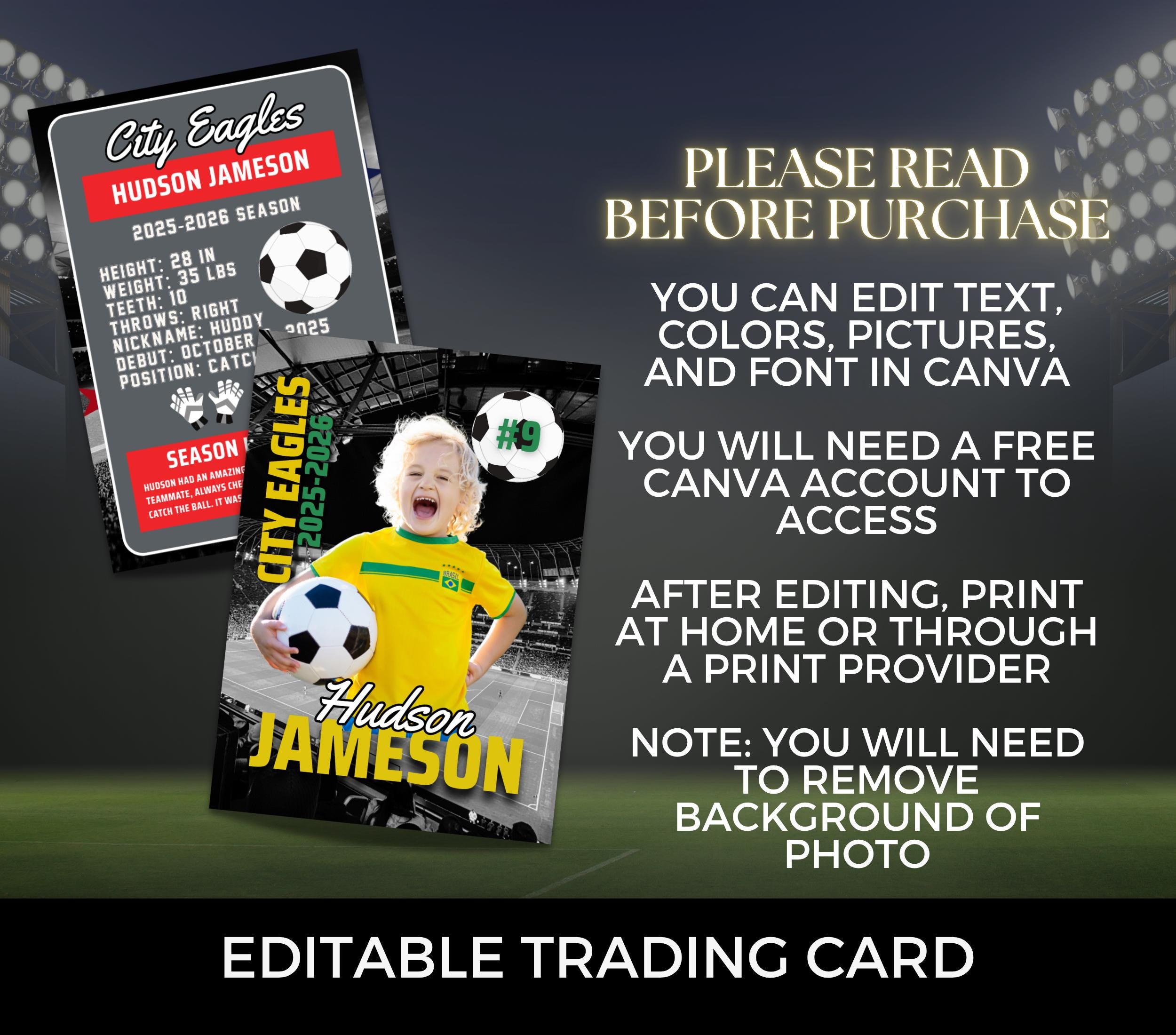 Soccer Card Canva Template for Kids Editable Sports Trading Card Custom ...