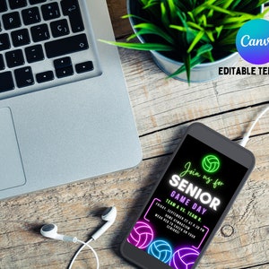 May include: A black smartphone with a neon green and purple volleyball graphic on the screen. The text on the screen reads "Join us for Senior Game Day Team A vs. Team B. Friday, September 22 at 6:30 PM Home Gymnasium Wear red to cheer on your Seniors".