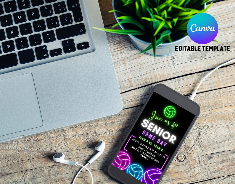 May include: A black smartphone with a neon green and purple volleyball graphic on the screen. The text on the screen reads "Join us for Senior Game Day Team A vs. Team B. Friday, September 22 at 6:30 PM Home Gymnasium Wear red to cheer on your Seniors".