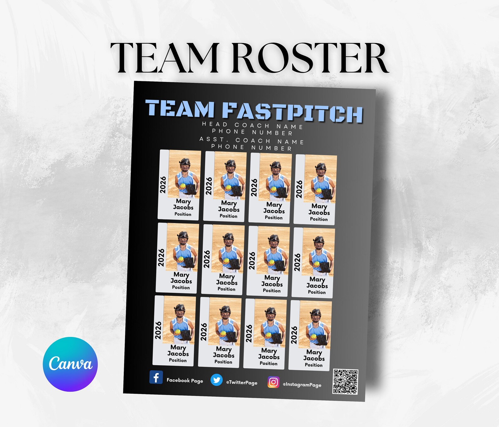 Editable Softball Team Roster Canva Template Football Team Player ...