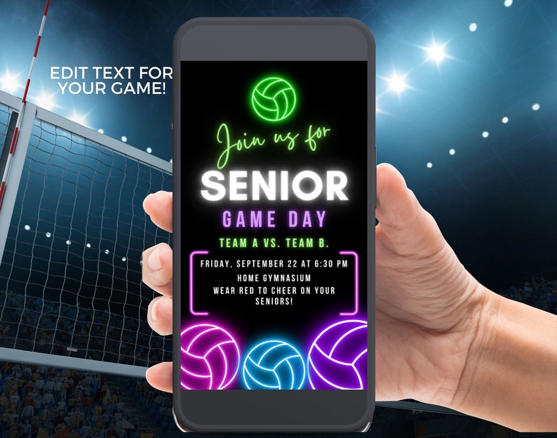 Neon volleyball senior game day text invitation for high school team