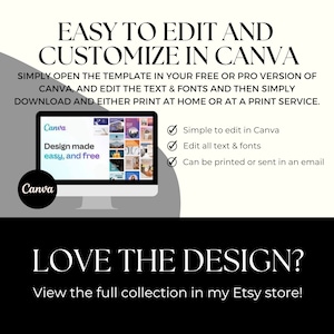 May include: A computer screen displaying a Canva template with a collage of images. The text on the screen reads "Design made easy, and free". The text below the image reads "EASY TO EDIT AND CUSTOMIZE IN CANVA. SIMPLY OPEN THE TEMPLATE IN YOUR FREE OR PRO VERSION OF CANVA, AND EDIT THE TEXT & FONTS AND THEN SIMPLY DOWNLOAD AND EITHER PRINT AT HOME OR AT A PRINT SERVICE."