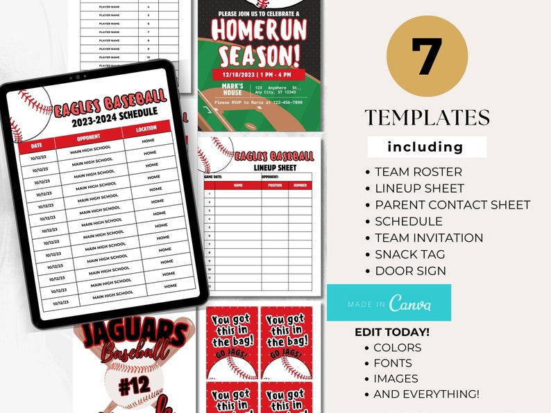 Editable Baseball Team Template Bundle Baseball Schedule Roster Lineup ...