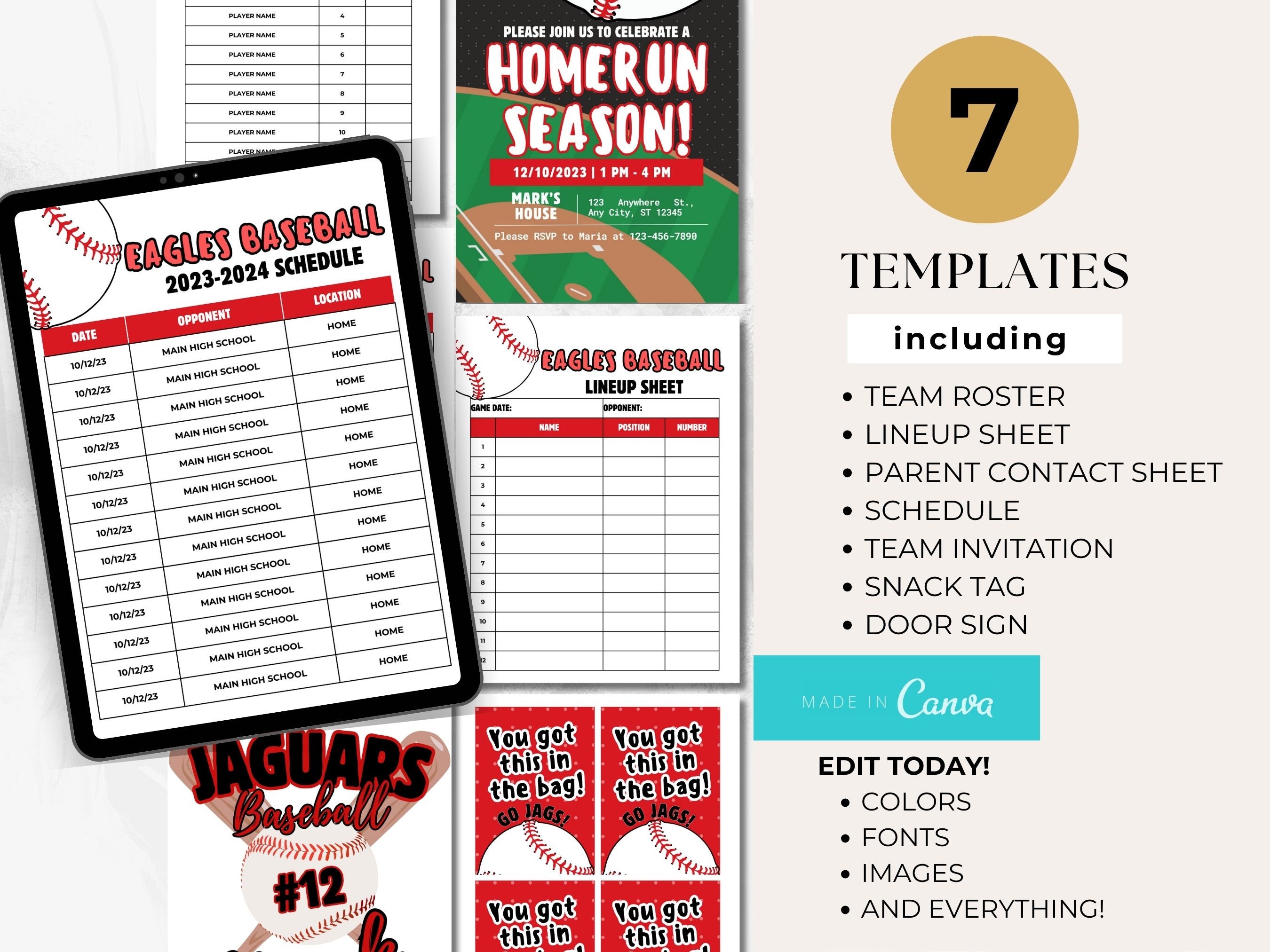 Editable Baseball Team Template Bundle Baseball Schedule Roster Lineup ...
