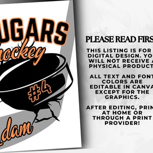 May include: A digital design for a hockey team, featuring a black and orange hockey puck breaking through a cracked surface. The text "DUGARS hockey #4 Adam" is displayed in orange and black.