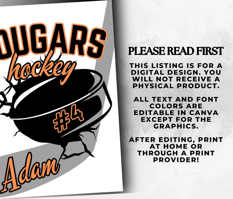 May include: A digital design for a hockey team, featuring a black and orange hockey puck breaking through a cracked surface. The text "DUGARS hockey #4 Adam" is displayed in orange and black.