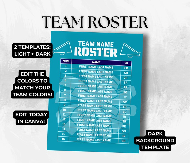 Editable Cheerleading Team Roster Canva Template Cheer Team Player ...