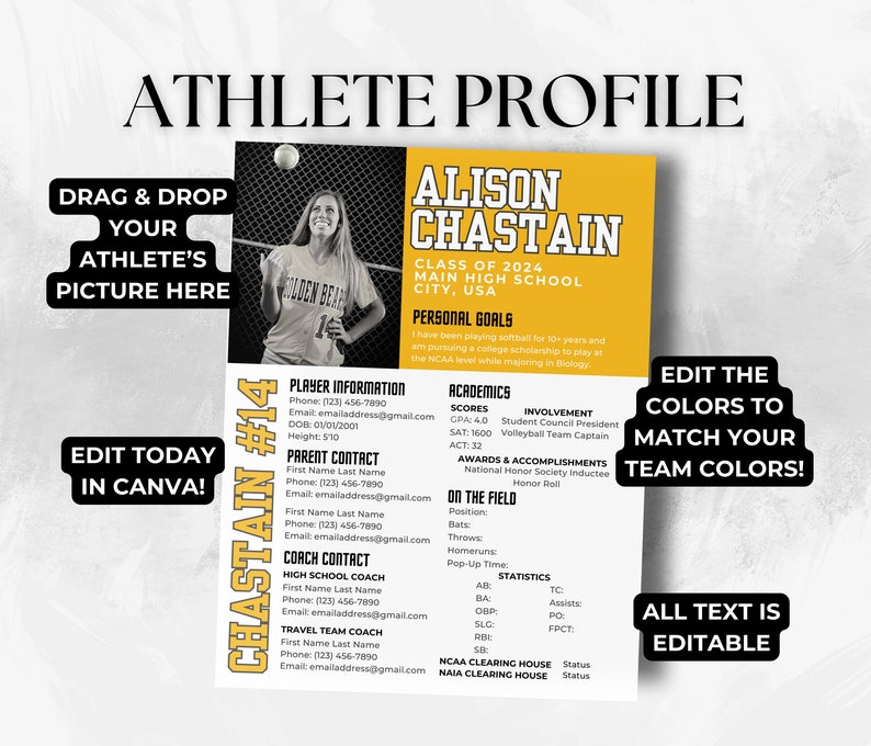 Softball Athlete Profile Sheet Photo College Recruiting Editable Canva