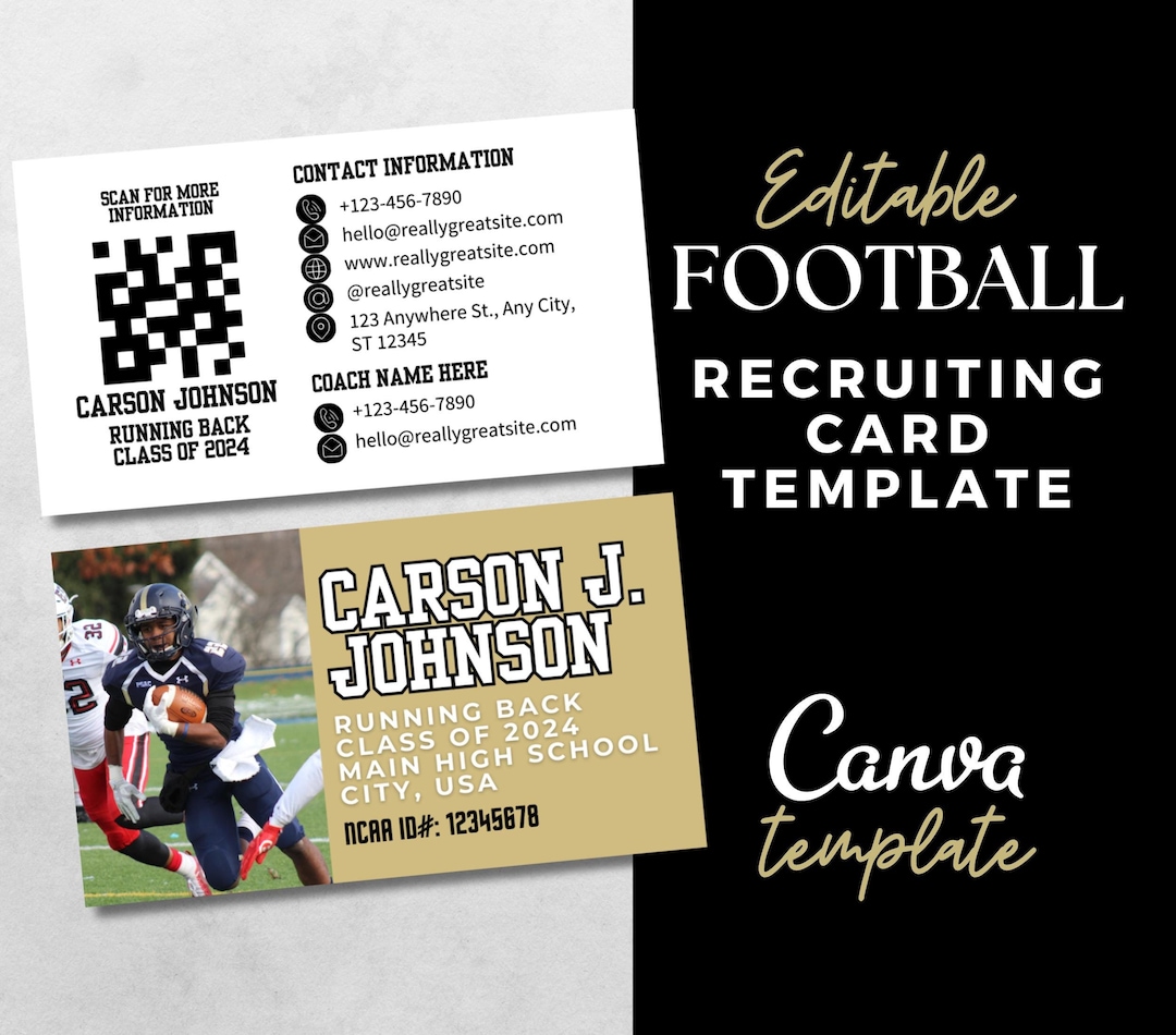Football Athlete Business Card Canva Template College Recruiting Editable  Athlete Profile Camps Showcases Travel Ball Coach Contact Resume - Etsy, image size:1080x950