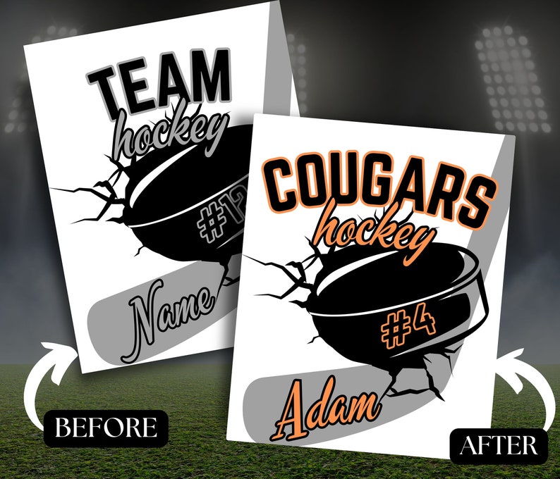 May include: A white hockey jersey design template with a black and white hockey puck breaking through a cracked surface. The text "TEAM hockey" is at the top of the design and the text "Name #1" is at the bottom. The design is shown before and after customization.