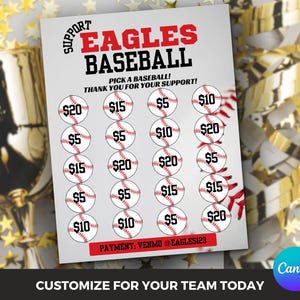 Peut inclure: Un billet de tombola sur le thème du baseball blanc et rouge avec le texte "Support Eagles Baseball" et une grille de 20 balles de baseball avec des montants allant de 5 € à 20 €. Le texte "Choisissez un ballon de baseball ! Merci pour votre soutien !" est imprimé sous la grille. Le texte "Paiement : Venmo @Eagles123" est imprimé sous la grille. Le texte "Personnalisez pour votre équipe aujourd'hui" est imprimé sous le billet de tombola.