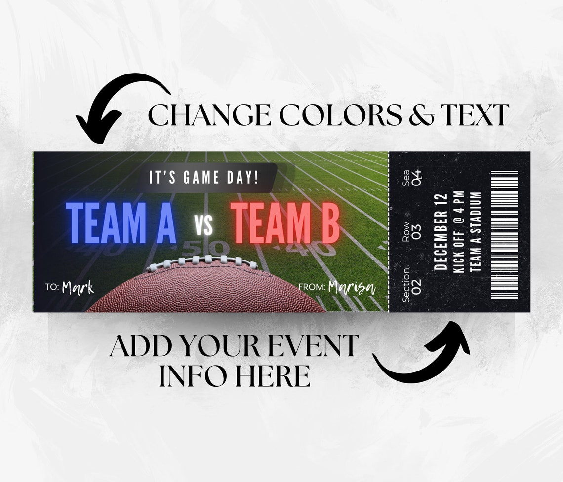Football Ticket Template, Printable Custom Football Ticket Template Football Ticket Template, Printable Custom Football Ticket Template
