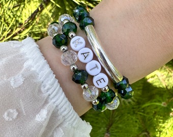 Personalized Green Crystal Beaded Bracelet - Custom Name Jewelry for Women. Add Sparkle to Your Style with Crystal Beads!