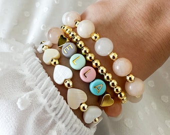 Personalized name bracelet with natural stone beads and colorful letters