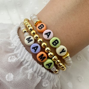 Kids Name Stretch Bracelet Stack with Custom Beaded Letters Personalized Mama Bracelet Set for New Moms and Mothers Day Gift Ideas image 1