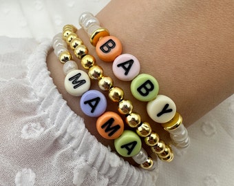 Kids Name Stretch Bracelet Stack with Custom Beaded Letters - Personalized Mama Bracelet Set for New Moms and Mothers Day Gift Ideas