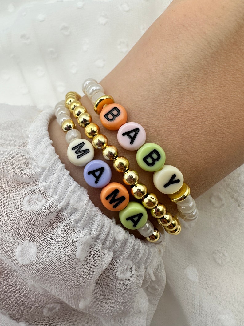 Kids Name Stretch Bracelet Stack with Custom Beaded Letters Personalized Mama Bracelet Set for New Moms and Mothers Day Gift Ideas image 1