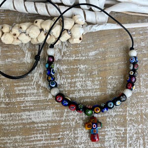 Millefiori Bead Necklace with Cross Pendant