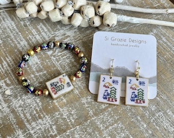 Mahjong Tile-inspired Beaded Bracelet and Earrings.