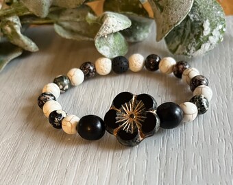 Czech Glass Picasso bronze hibiscus  focal bead bracelet