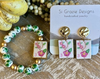 Mahjong Tile-inspired Beaded Bracelet + Earrings