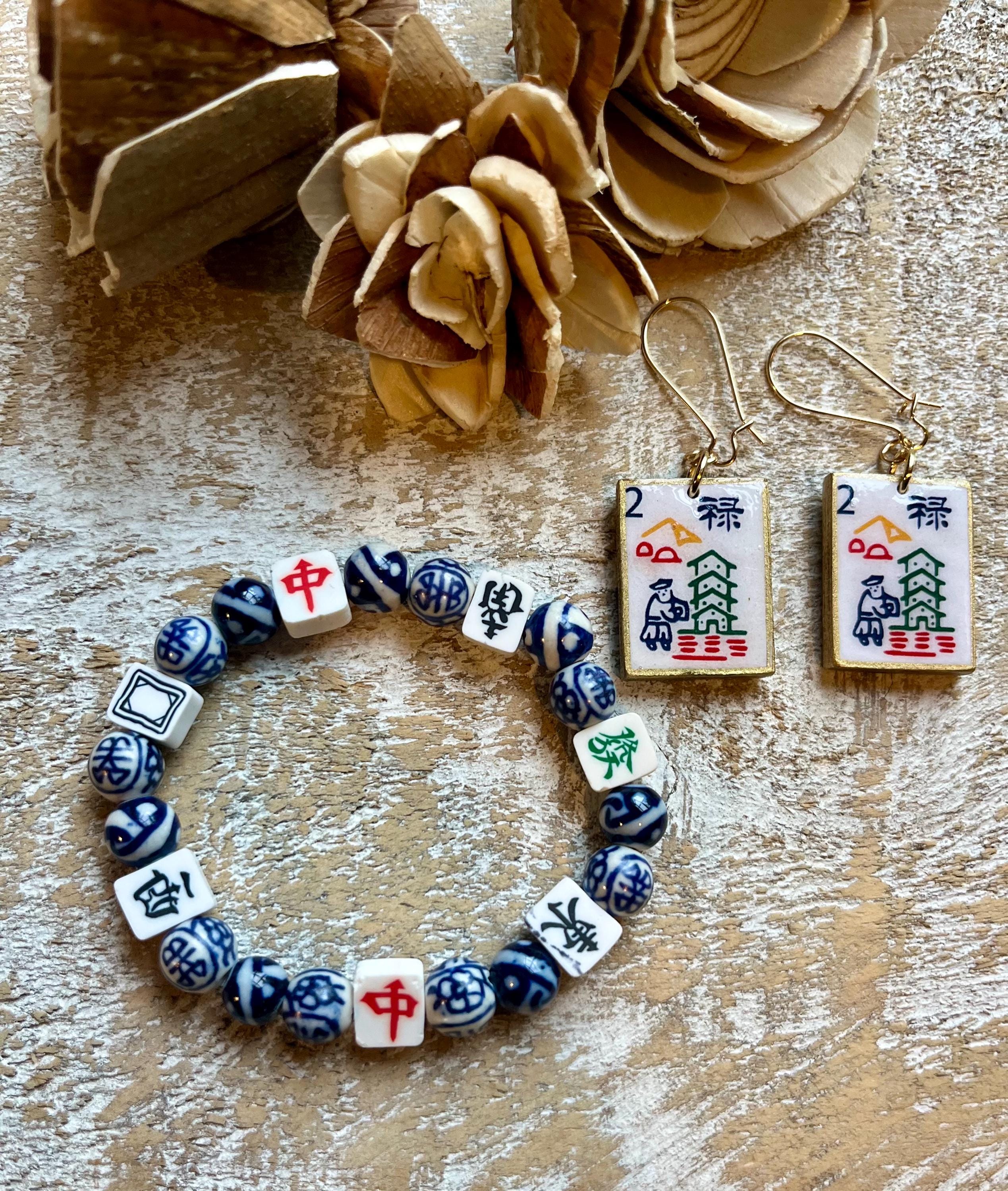 Men's Vintage 90s Mahjong Tiles Bracelet, Natural Cow Bone