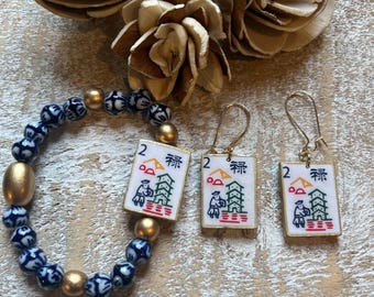 Mahjong Tile-inspired Beaded Bracelet + Earrings