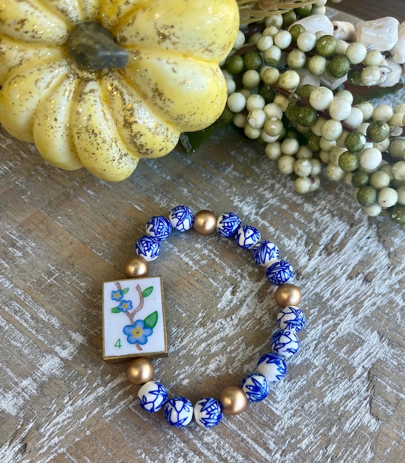 Mahjong Tile-inspired Reversible Beaded Bracelets Blue Flower