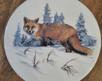 Vintage redondo cerámica azulejos Trivet Fox/Invierno y/o pared colgante