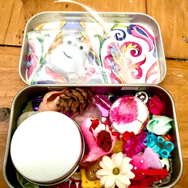 Treasure Tin Stuffed Custom Curated Tin with Trinkets, Suprises and Mystery Items! Makes a great gift for kids!