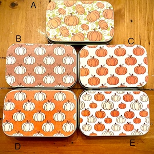 Sweater Weather! Fall Pumpkins/ Autumn Florals, Hinged Tin, Small Empty Metal Tin, Notions Tin, Tiny Tin, Decorative Tins, Altered Tin