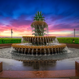 Pineapple Fountain Historic Charleston South Carolina,  Waterfront Park, Charleston Skyline, Prints, Canvas,Acrylics, Metal, Sunrise, Sunset