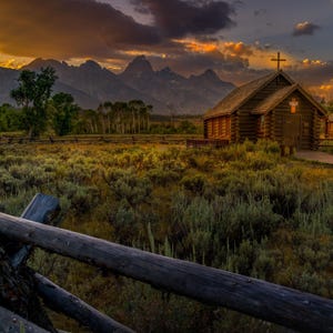 Die Kapelle der Verklärung,Grand Teton National Park,Jackson Hole, Wyoming,Kapellen,Berge,Sonnenaufgang, Sonnenuntergang,Leinwand,Acryl,Metall