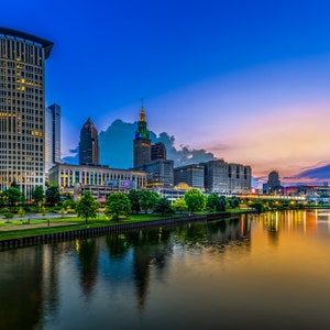 Cleveland Ohio Morning Golden & Blue Hour&#39;s Glow Cleveland City Skyline, Terminal Tower, Canvas, Acrylics, Metal, Sunrise, Sunset