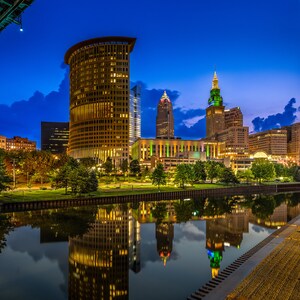 Cleveland Ohio Morning Golden & Blue Hour&#39;s Glow Cleveland City Skyline, Terminal Tower, Canvas, Acrylics, Metal, Sunrise, Sunset