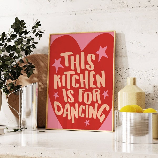 Retro Aesthetic Kitchen Decor Cute Dance Art Quote Pink Kitchen Wall Art Print Minimalist Heart Print Trendy Kitchen Poster DigitalDownload