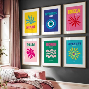 Set mit 6 Reise berühmte Orte Drucke | Ibiza Miami Mykonos Amalfi Bondi Palm Beach Gallery-Preppy Travel Poster-Y2K Poster-DIGITAL DOWNLOAD