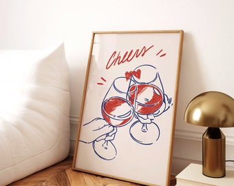 Impresión de vino Cin Cin, impresión de alcohol, póster de vino retro, carrito de bar, arte de pared, arte imprimible de bar, decoración de vino, bebidas, rosa, rojo, descarga digital
