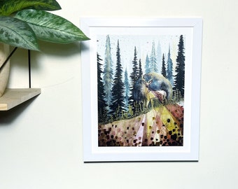 Framed 8x10 inch art Print--Watercolor Forest Painting, Watercolor Pine Trees, Deer Painting, Deer in Woods, Wall art, Nature Painting